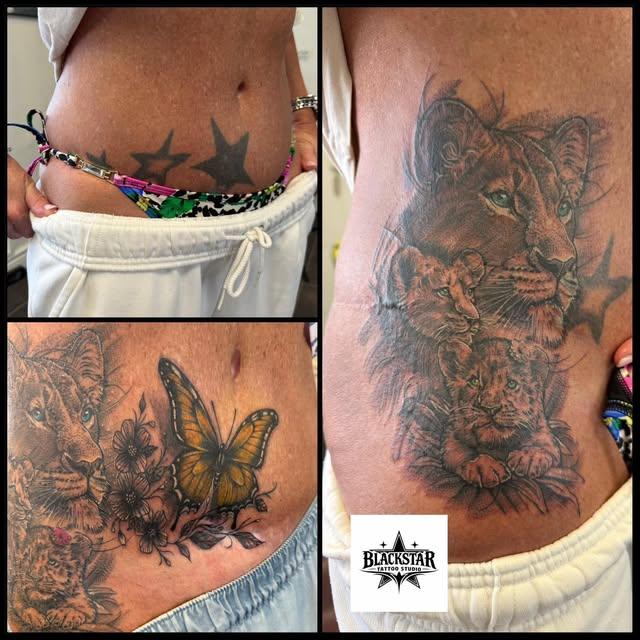 Before and after cover-up tattoo: faded black stars replaced by a lioness and two cubs with a colour butterfly and flowers